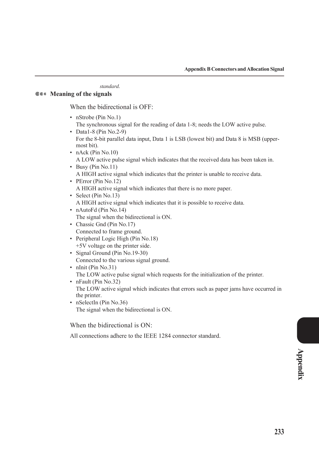 Panasonic DA-PC700 manual Appendix 233, Meaning of the signals, All connections adhere to the Ieee 1284 connector standard 