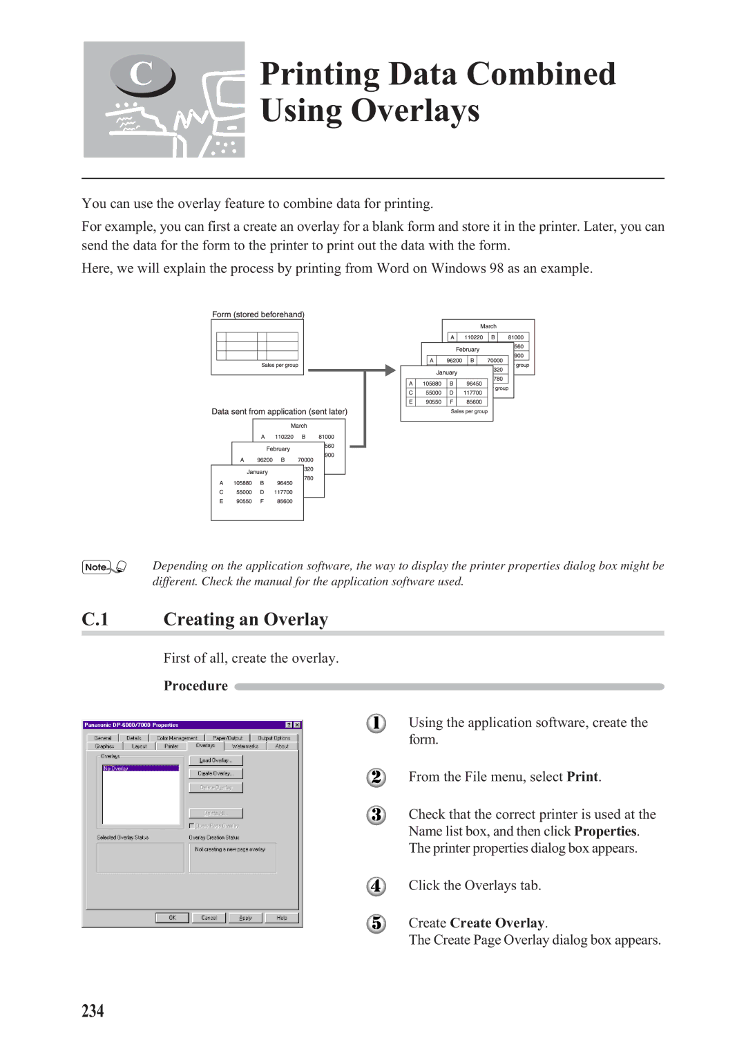 Panasonic DA-PC700 manual Printing Data Combined, Using Overlays, Creating an Overlay, 234, Create Create Overlay 