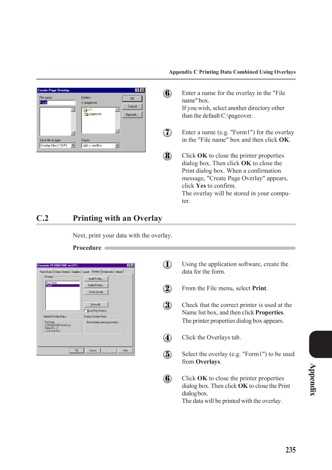 Panasonic DA-PC700 manual Printing with an Overlay, Appendix 235, Next, print your data with the overlay 