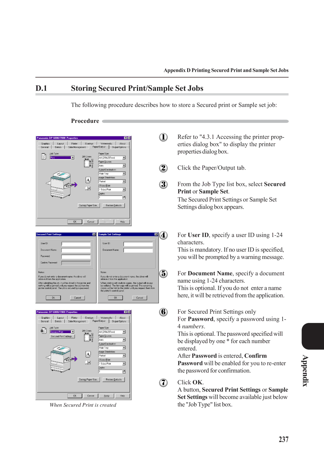 Panasonic DA-PC700 manual Storing Secured Print/Sample Set Jobs, Appendix 237 