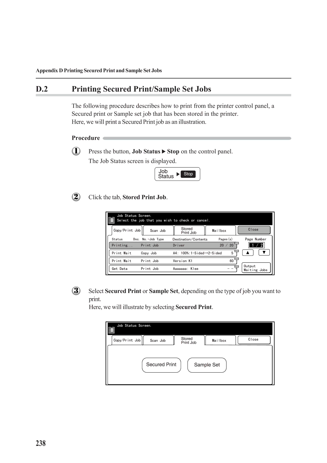 Panasonic DA-PC700 manual Printing Secured Print/Sample Set Jobs, 238 