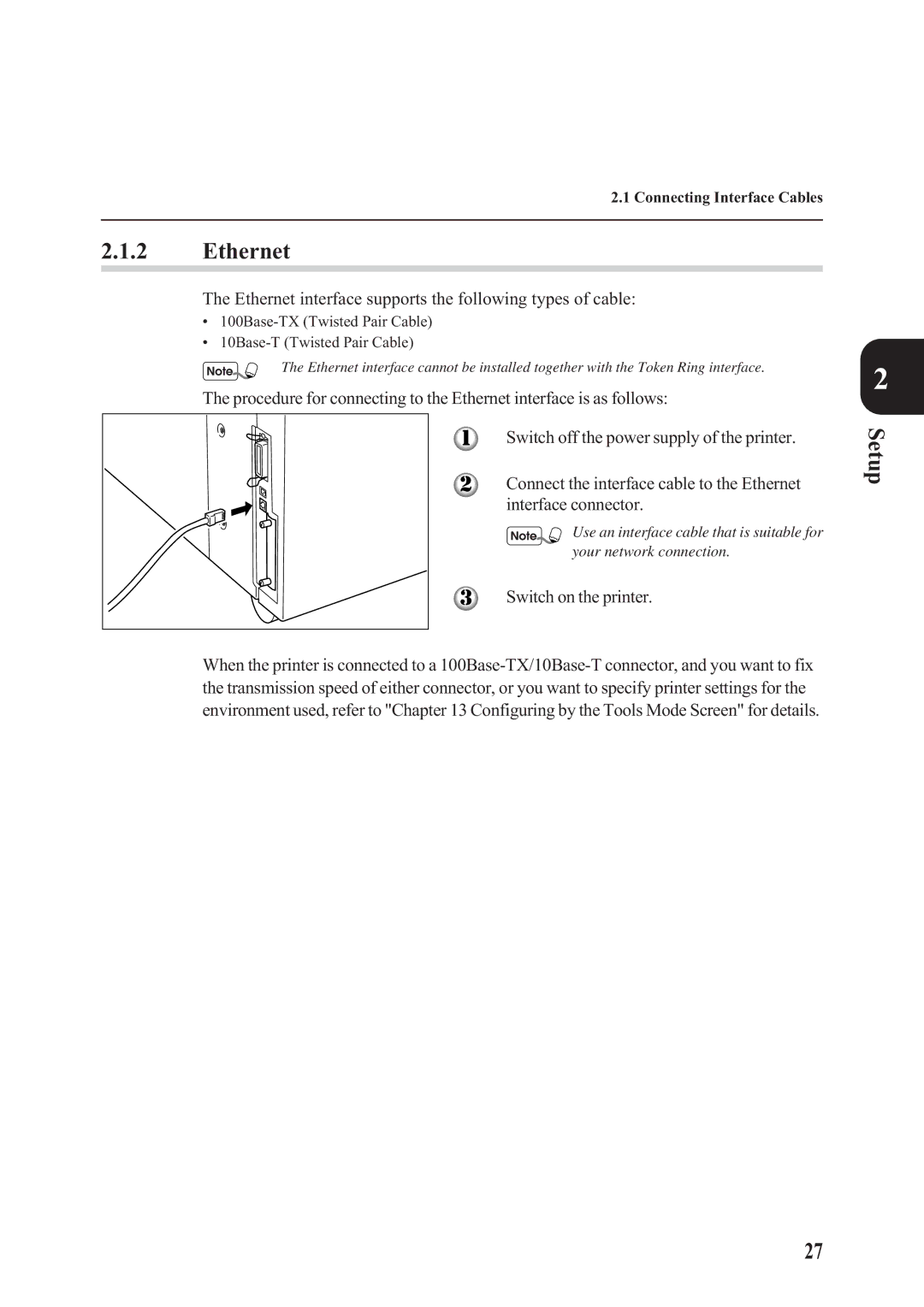 Panasonic DA-PC700 manual Setup, Ethernet interface supports the following types of cable 