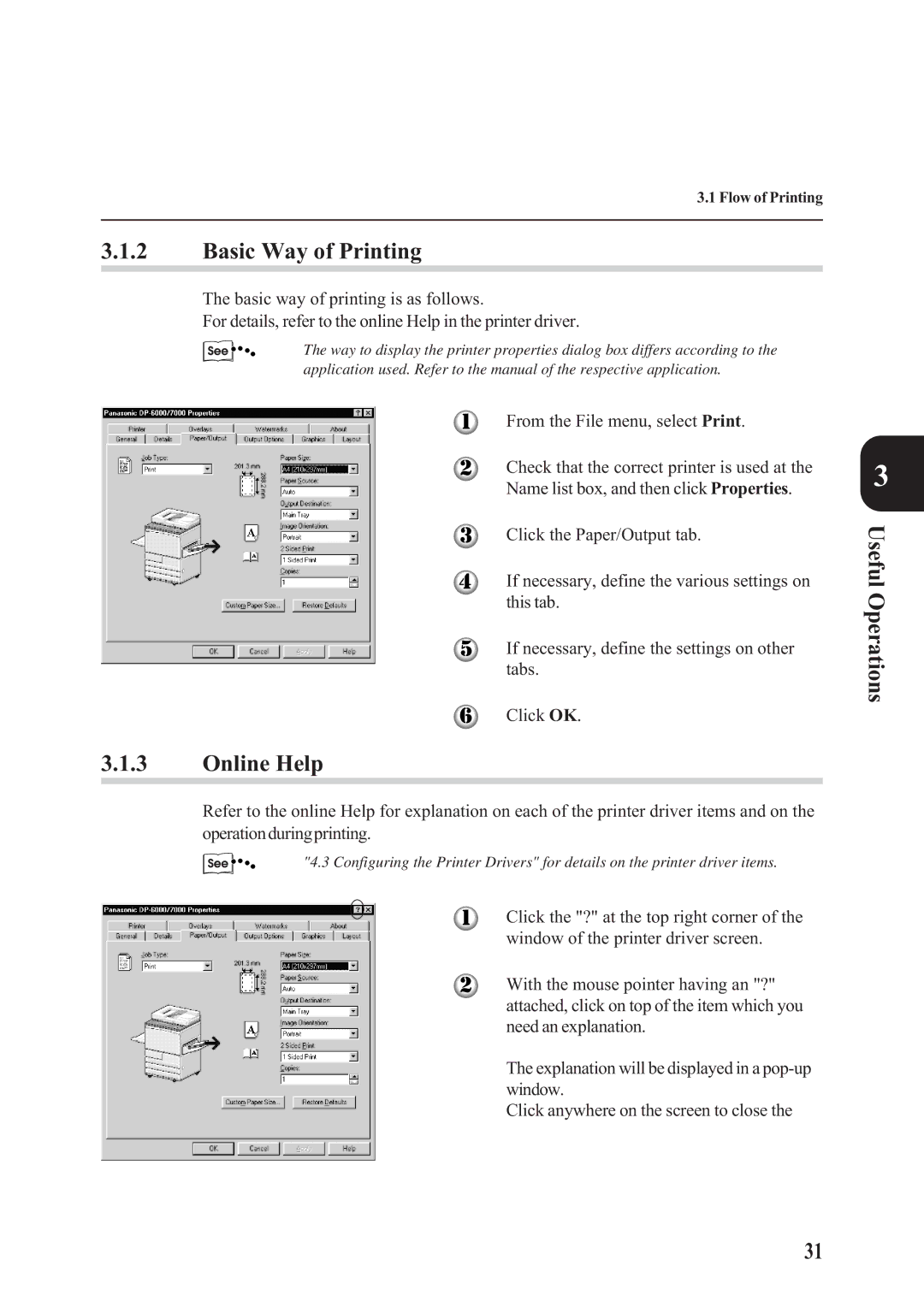 Panasonic DA-PC700 manual Basic Way of Printing, Online Help, Useful Operations 