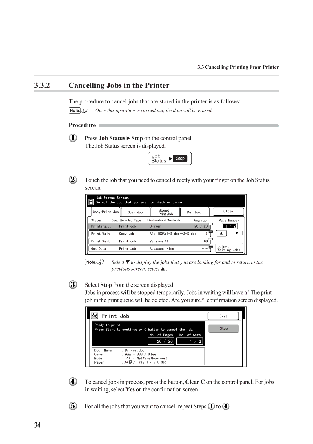 Panasonic DA-PC700 manual Cancelling Jobs in the Printer 