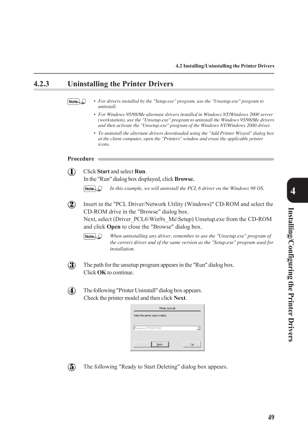 Panasonic DA-PC700 manual Uninstalling the Printer Drivers 