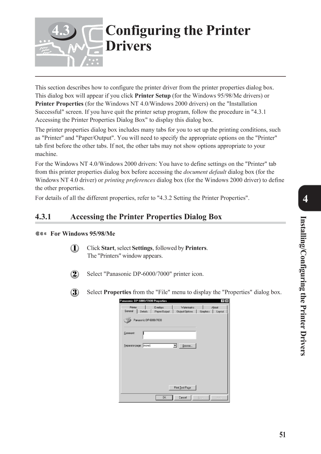 Panasonic DA-PC700 Configuring the Printer Drivers, Accessing the Printer Properties Dialog Box, For Windows 95/98/Me 