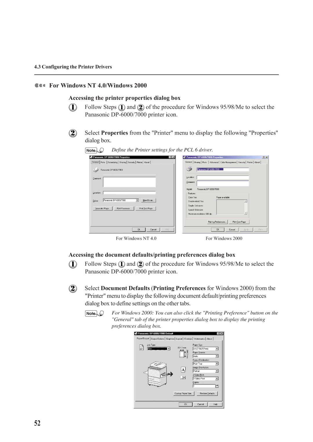 Panasonic DA-PC700 manual For Windows NT 4.0/Windows, Accessing the printer properties dialog box 