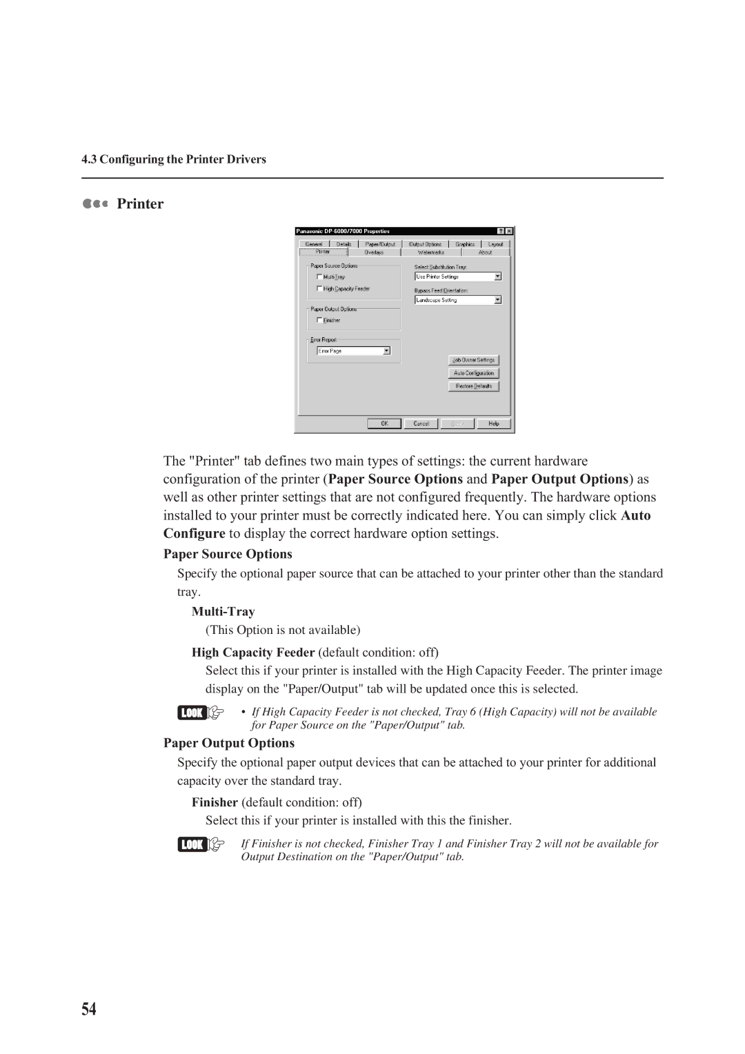 Panasonic DA-PC700 manual Printer, Paper Source Options, Paper Output Options 