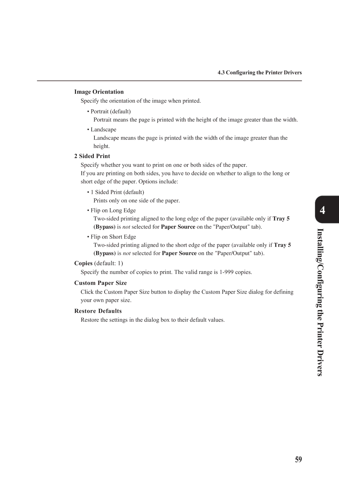 Panasonic DA-PC700 manual Image Orientation, Sided Print, Copies default, Custom Paper Size 