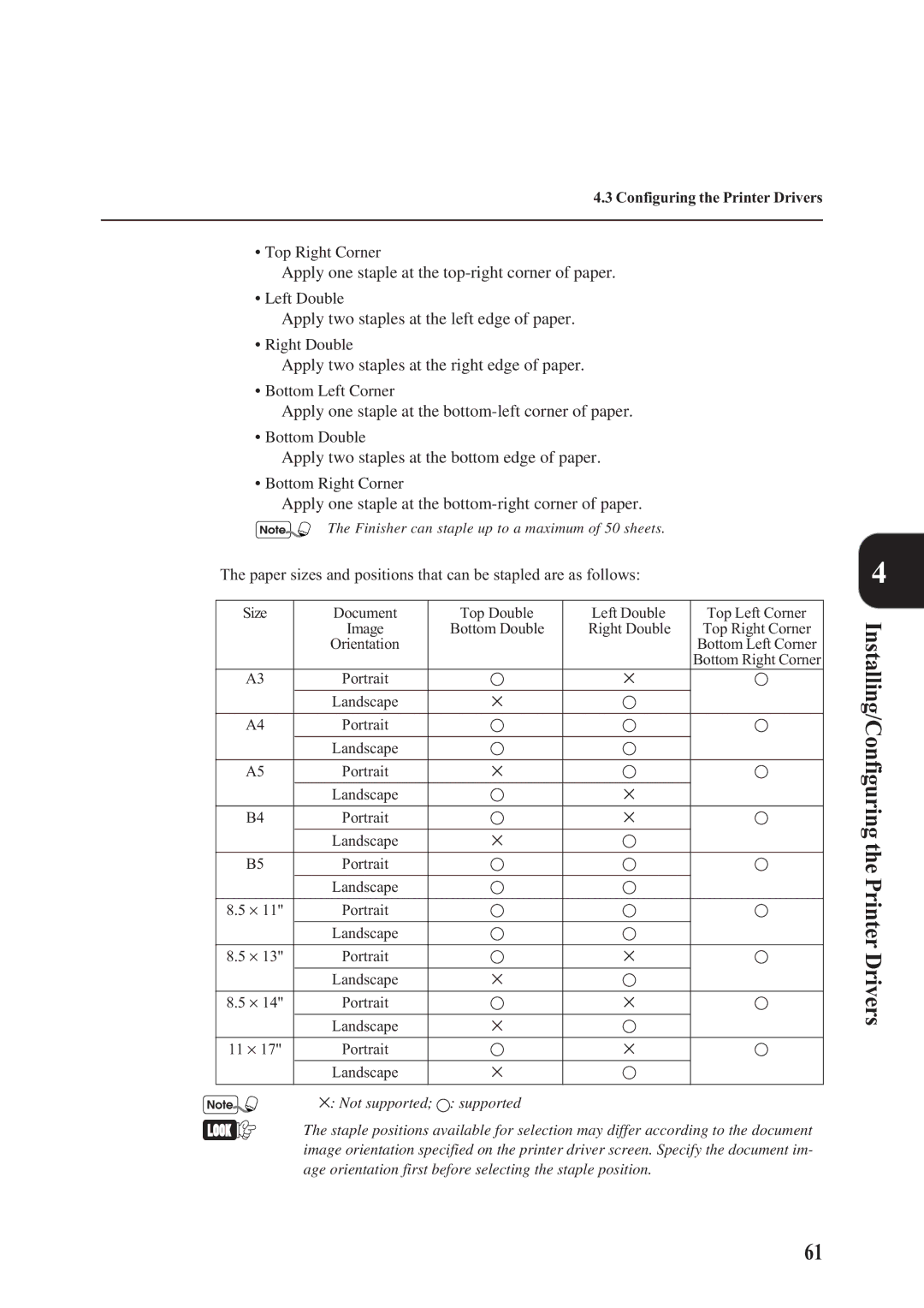 Panasonic DA-PC700 manual Apply one staple at the top-right corner of paper, Apply two staples at the left edge of paper 