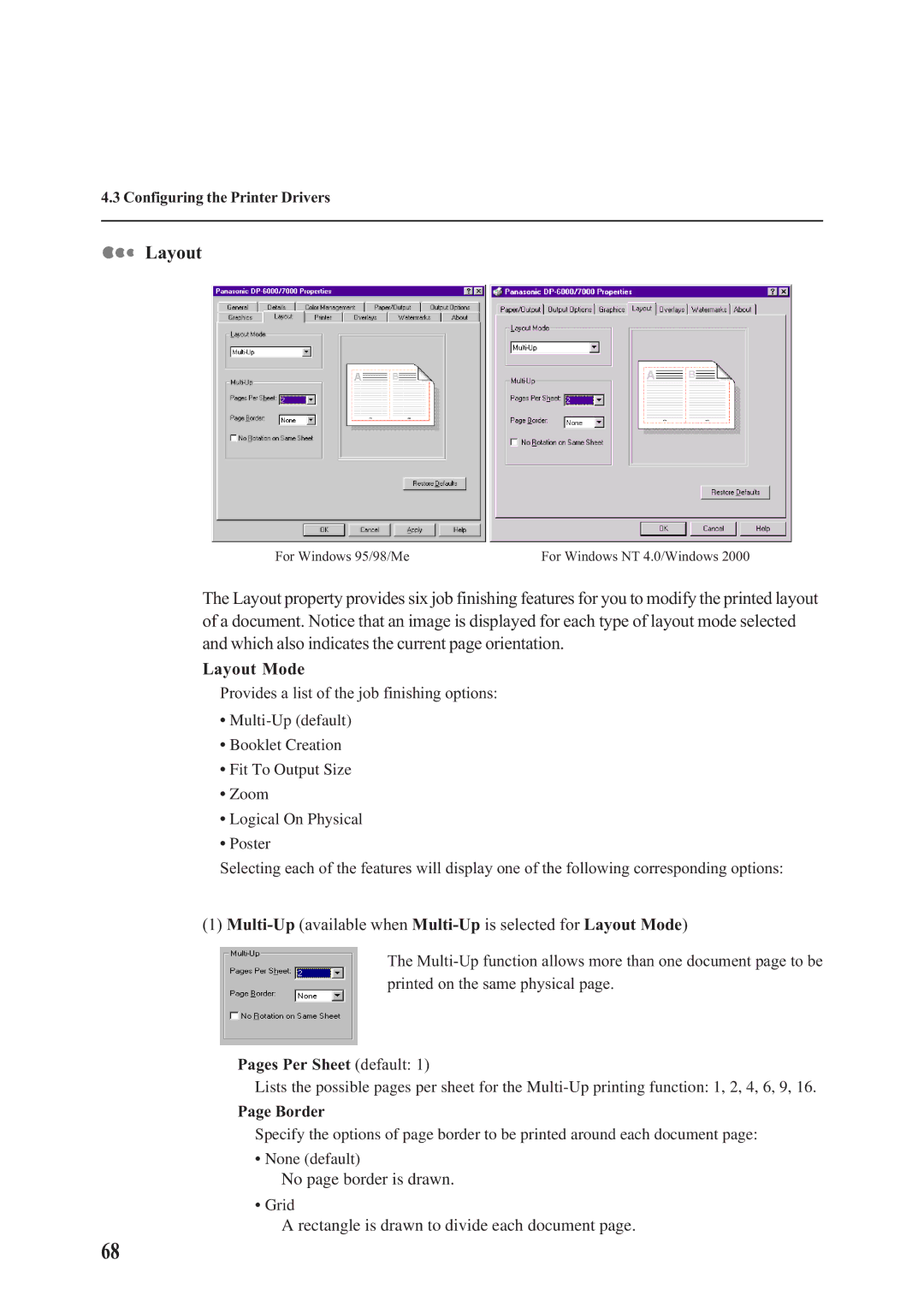 Panasonic DA-PC700 manual Multi-Upavailable when Multi-Upis selected for Layout Mode, No page border is drawn 