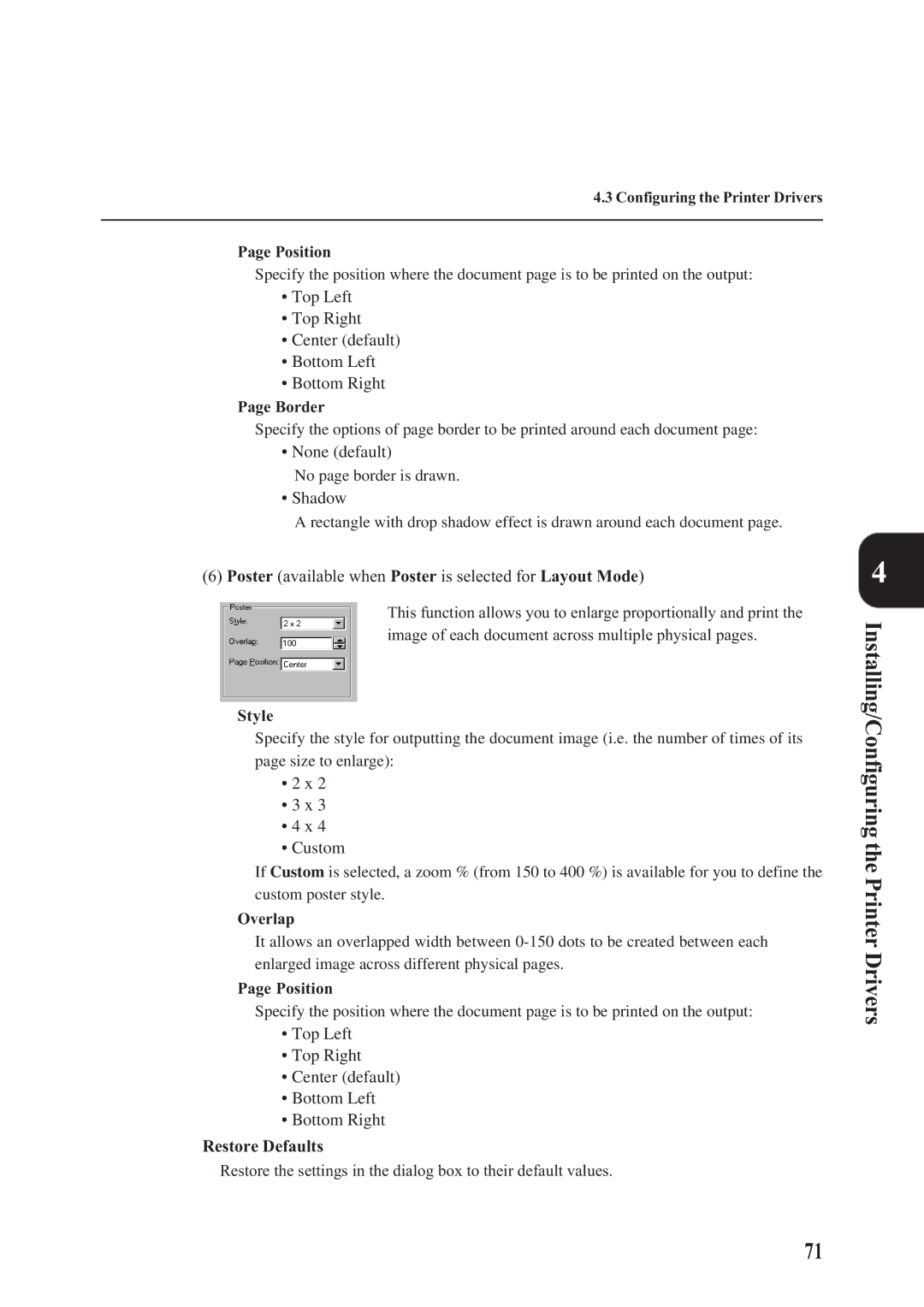 Panasonic DA-PC700 manual None default, Shadow, Poster available when Poster is selected for Layout Mode, Custom 