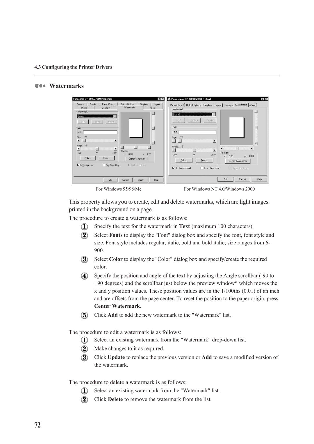 Panasonic DA-PC700 Watermarks, Procedure to create a watermark is as follows, Procedure to edit a watermark is as follows 