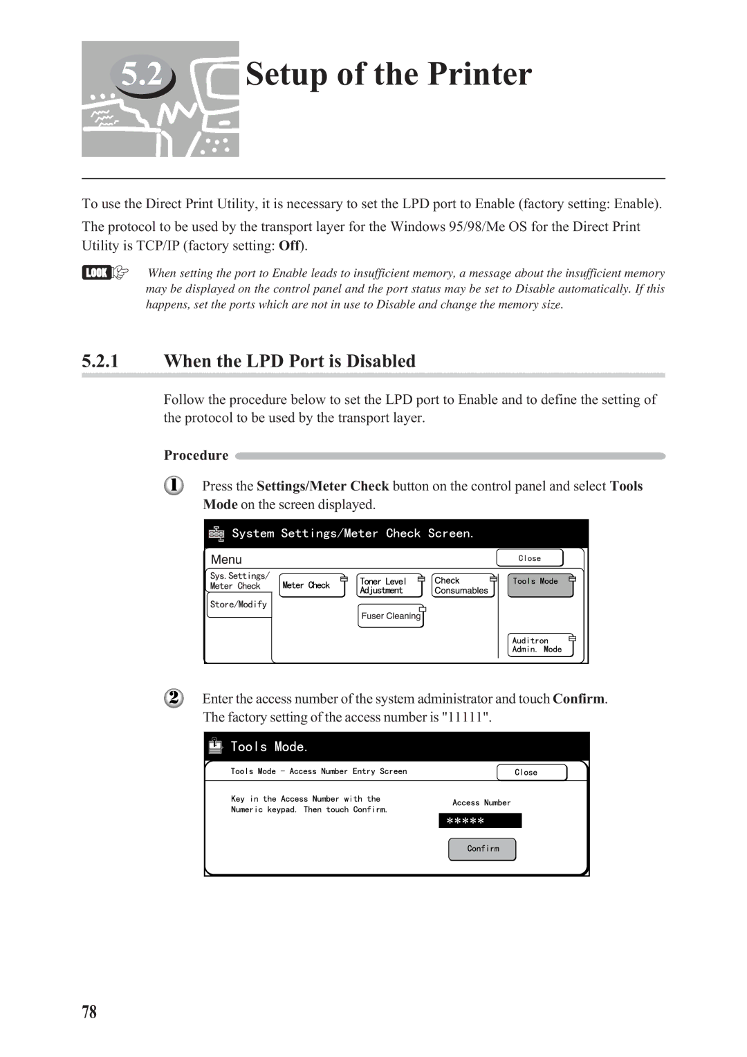 Panasonic DA-PC700 manual Setup of the Printer, When the LPD Port is Disabled 