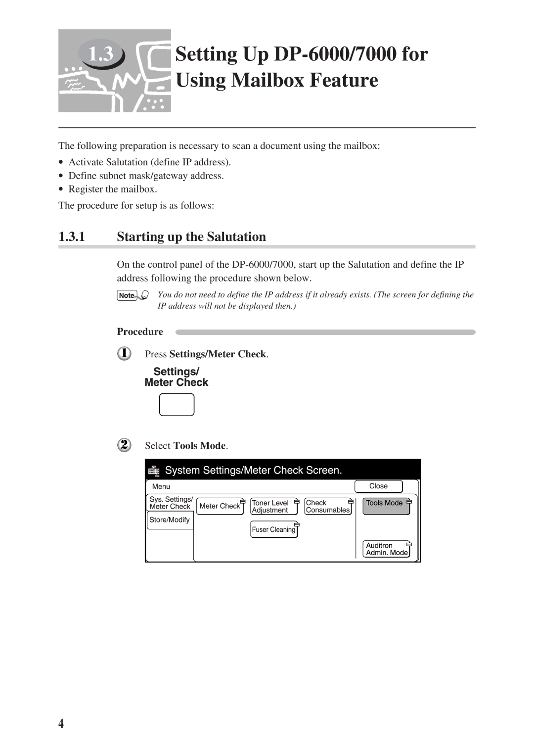 Panasonic DA-PC700 manual Setting Up DP-6000/7000 for Using Mailbox Feature, Starting up the Salutation 