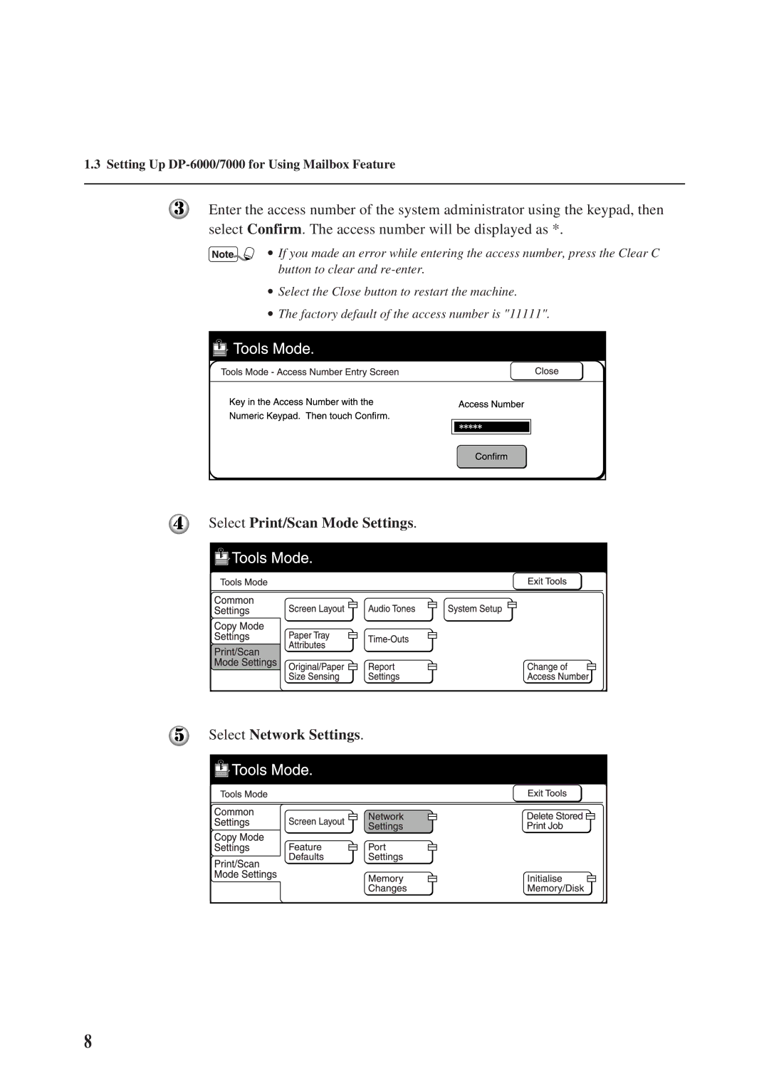 Panasonic DA-PC700 manual Select Print/Scan Mode Settings Select Network Settings 