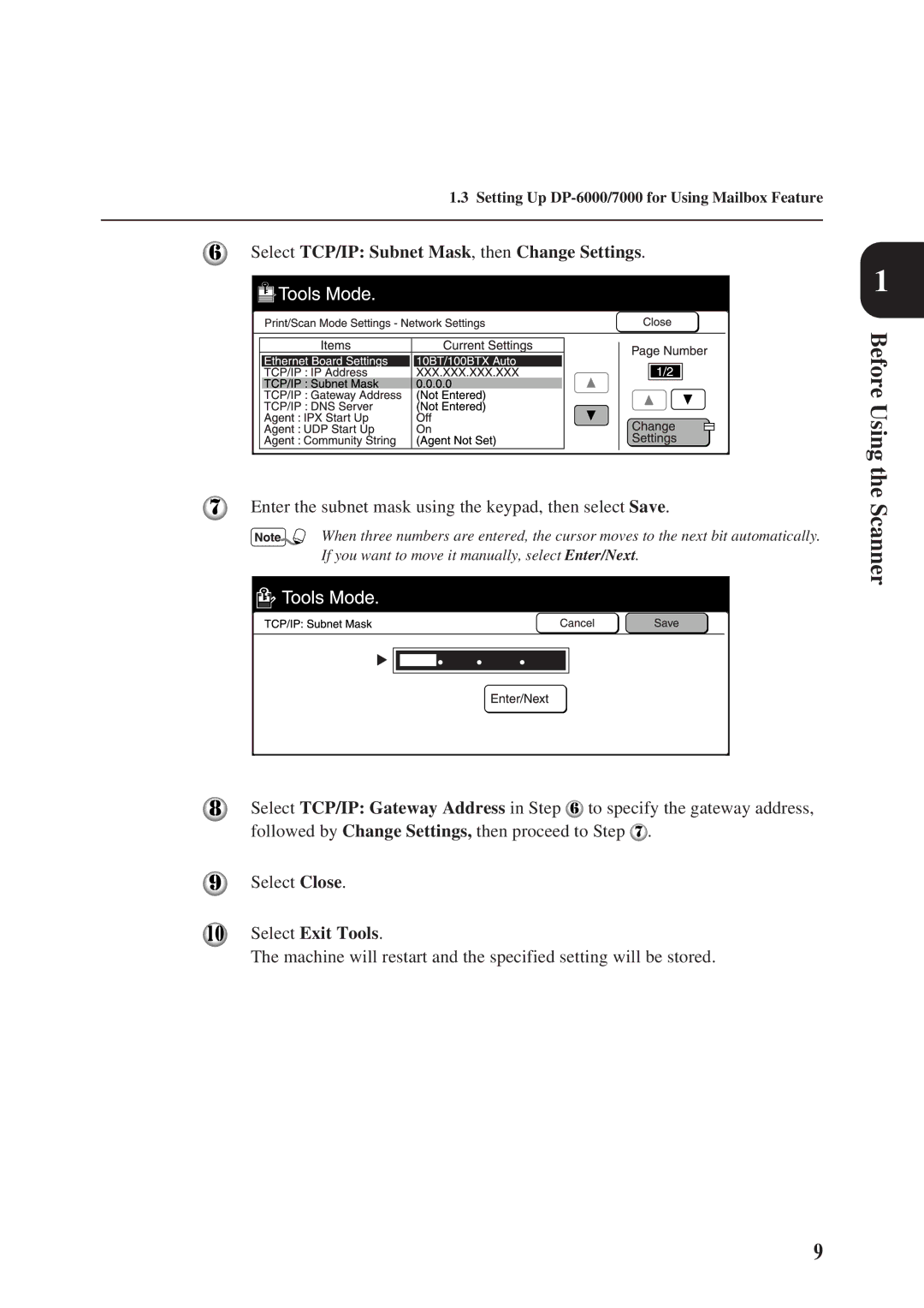 Panasonic DA-PC700 manual Select TCP/IP Subnet Mask, then Change Settings, Select Exit Tools 