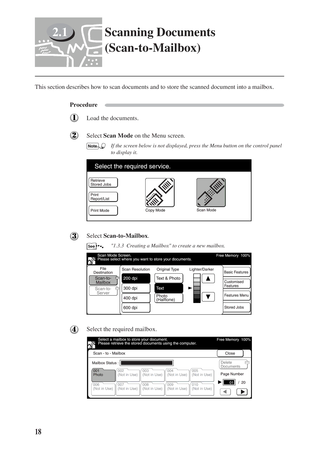 Panasonic DA-PC700 manual Scanning Documents Scan-to-Mailbox, Load the documents Select Scan Mode on the Menu screen 