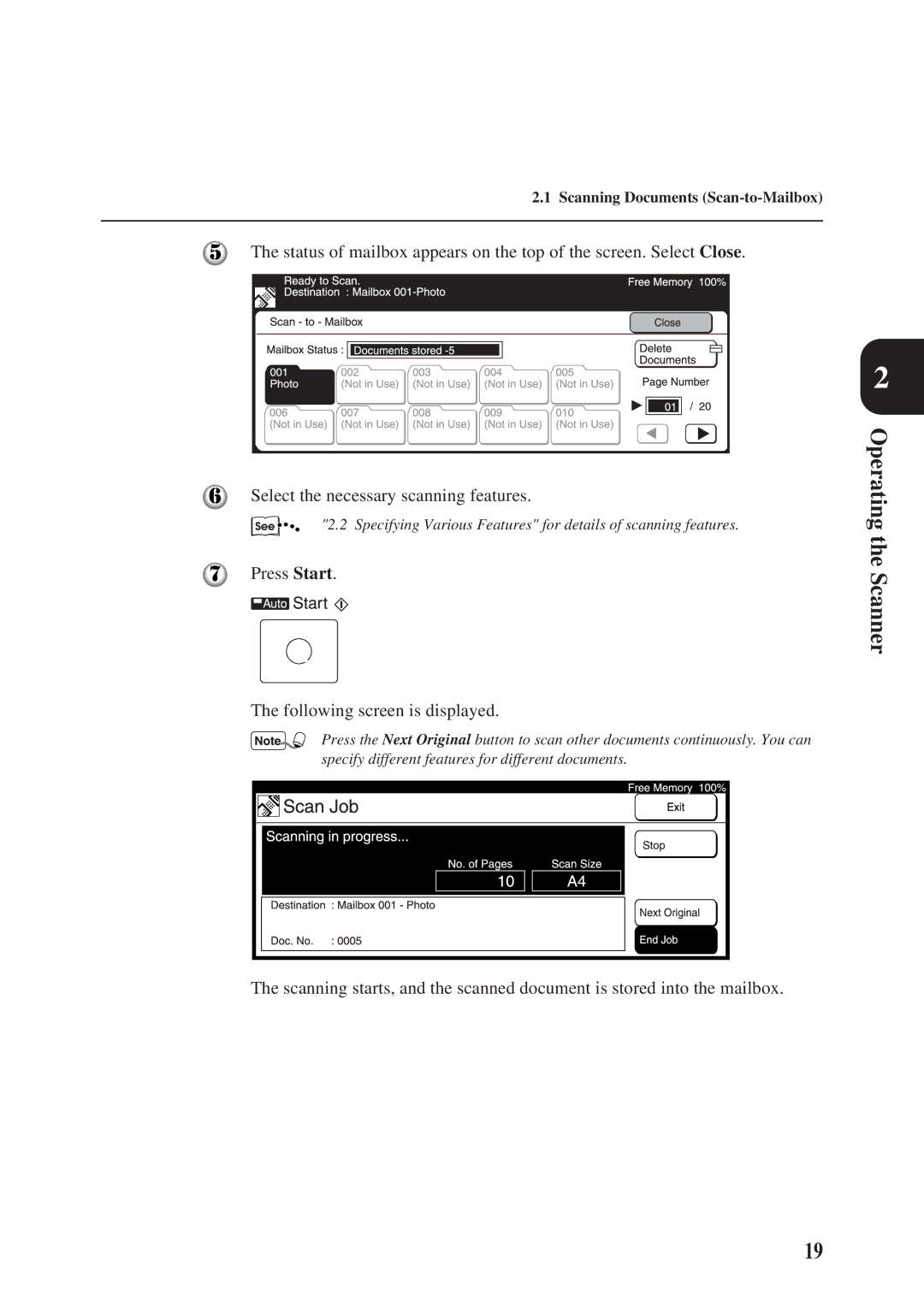 Panasonic DA-PC700 manual Operating the Scanner, Press Start Following screen is displayed 