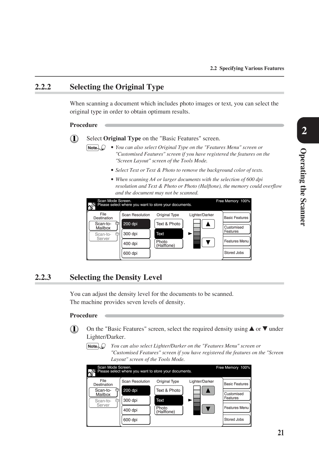 Panasonic DA-PC700 manual Selecting the Original Type, Selecting the Density Level 