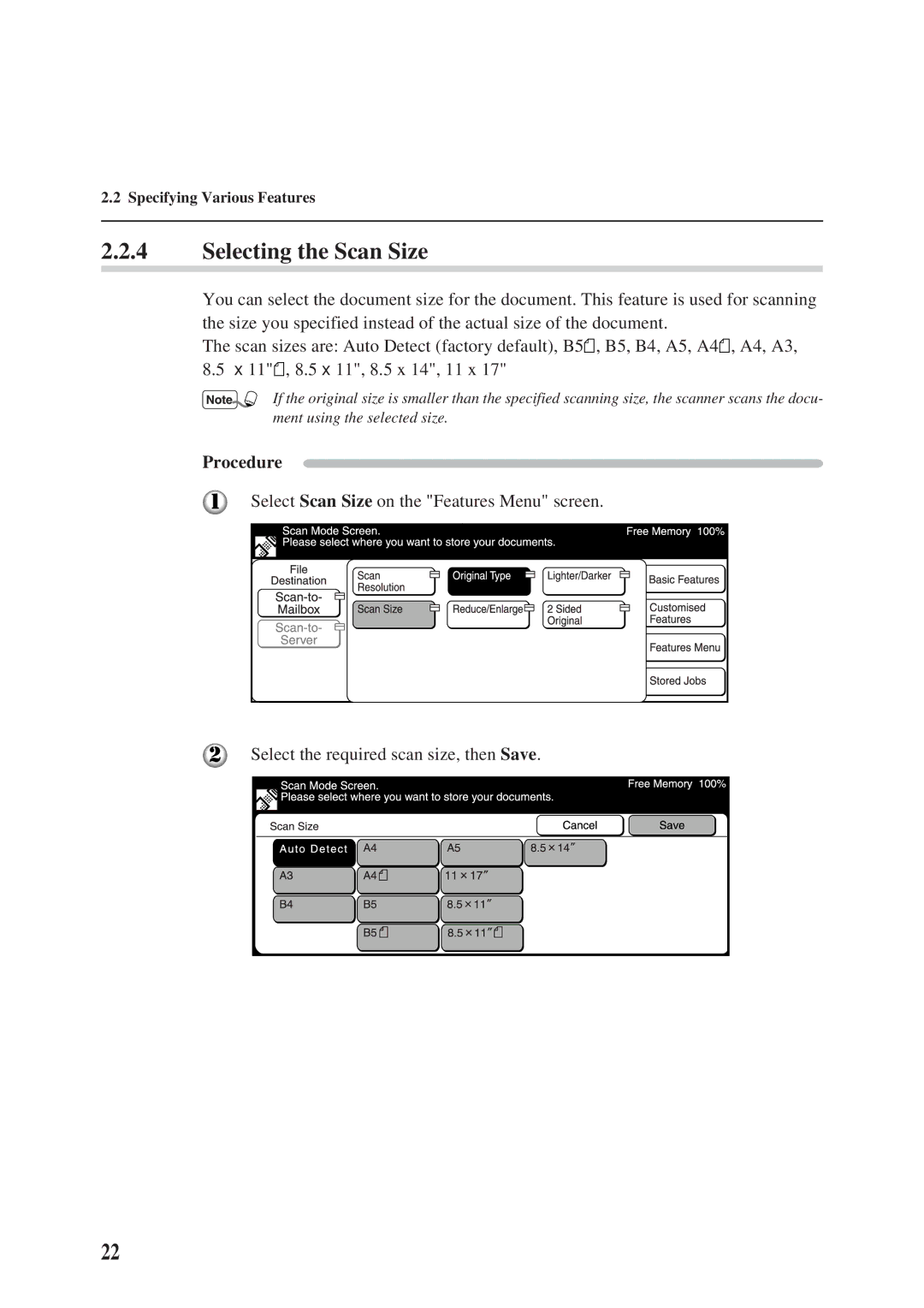 Panasonic DA-PC700 manual Selecting the Scan Size 