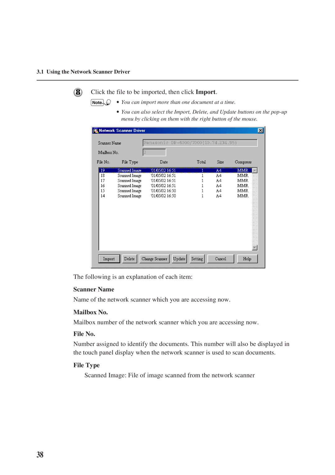 Panasonic DA-PC700 manual Scanner Name, Mailbox No, File No, File Type 