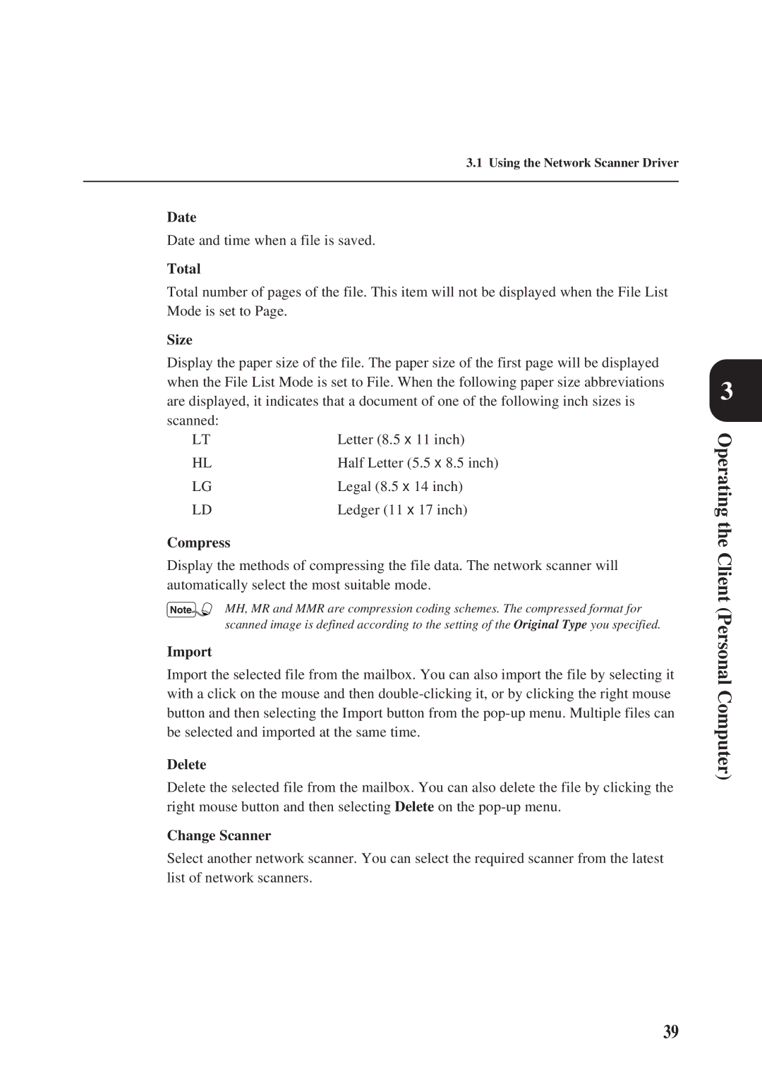 Panasonic DA-PC700 manual Date, Total, Size, Compress, Import, Delete, Change Scanner 