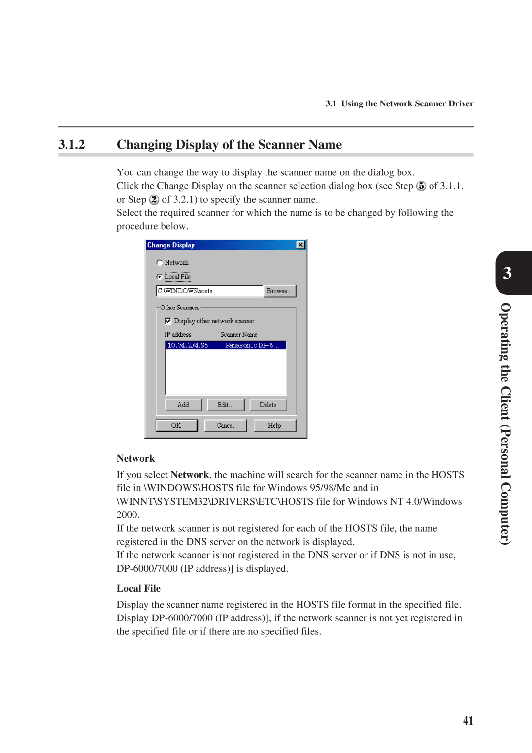 Panasonic DA-PC700 manual Changing Display of the Scanner Name, Network, Local File 