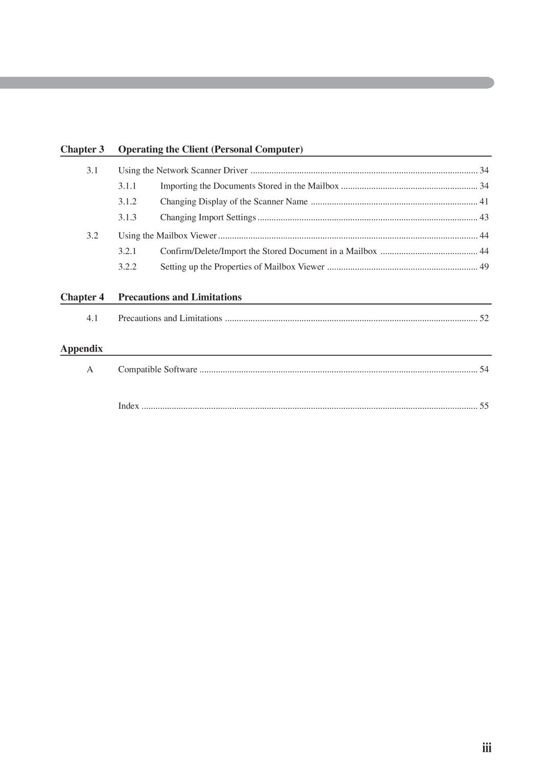 Panasonic DA-PC700 manual Iii, Operating the Client Personal Computer, Precautions and Limitations, Appendix 