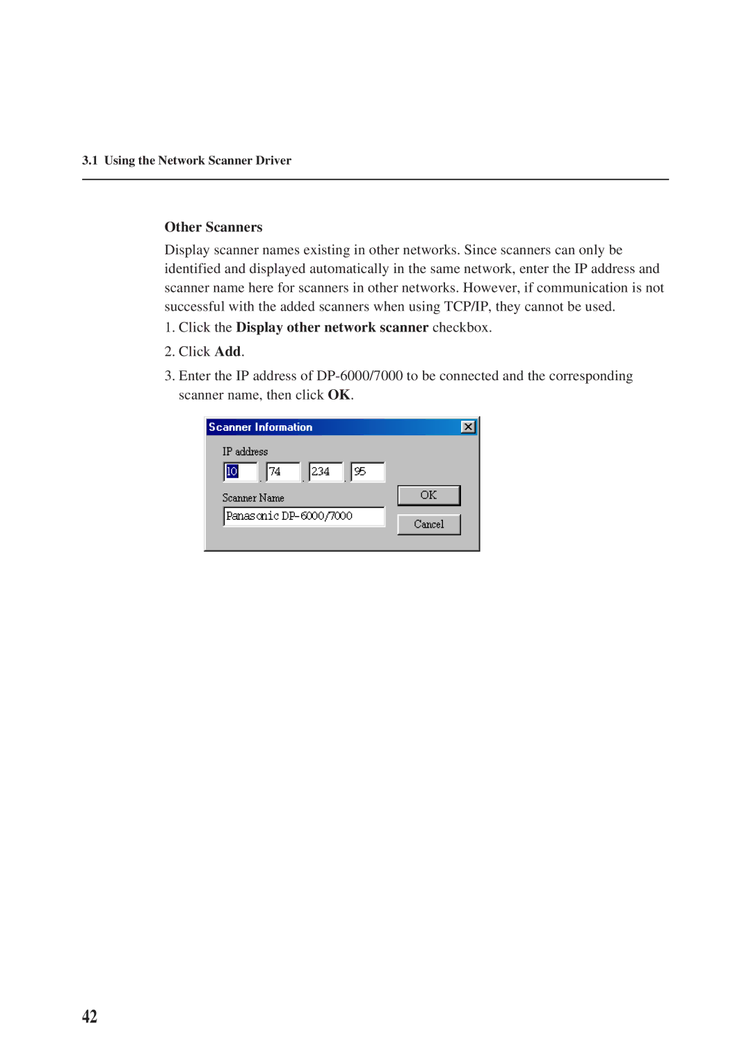 Panasonic DA-PC700 manual Other Scanners, Click the Display other network scanner checkbox 