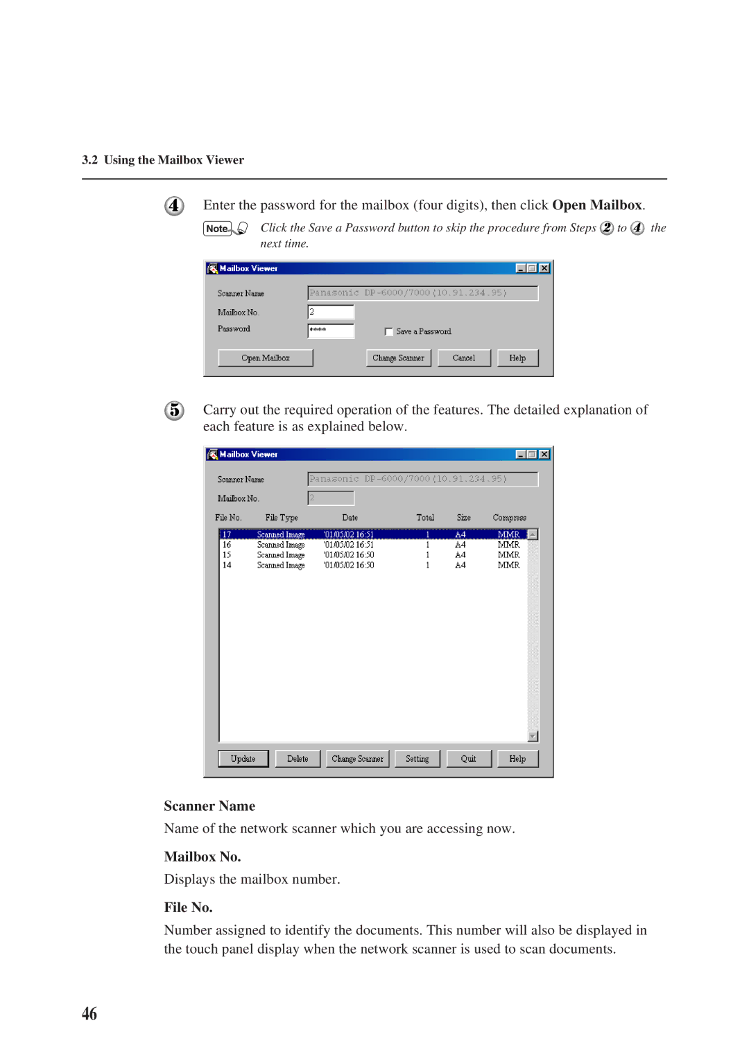 Panasonic DA-PC700 manual Scanner Name, Displays the mailbox number 