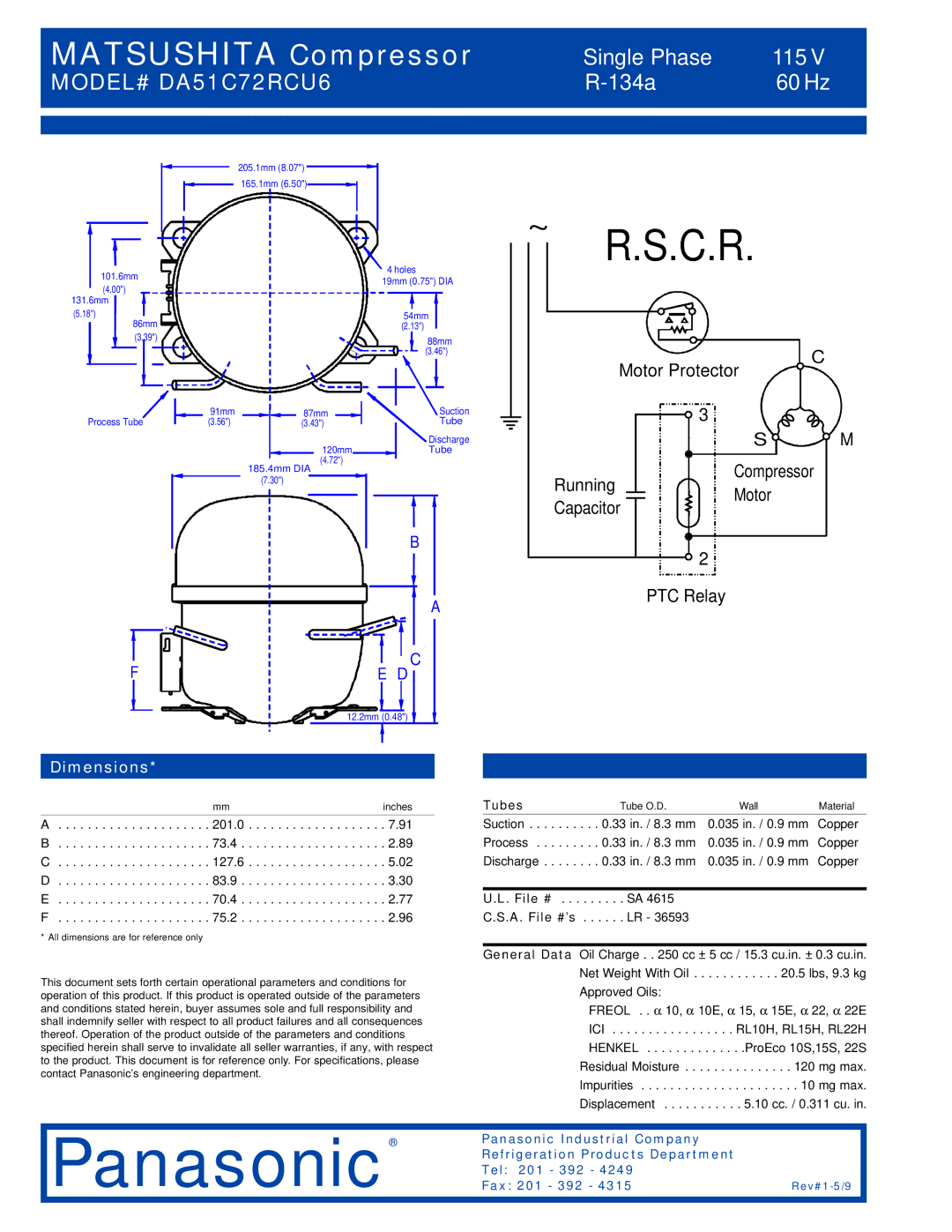 Panasonic DA51C72RCU6 specifications Dimensions, Tubes, File # 