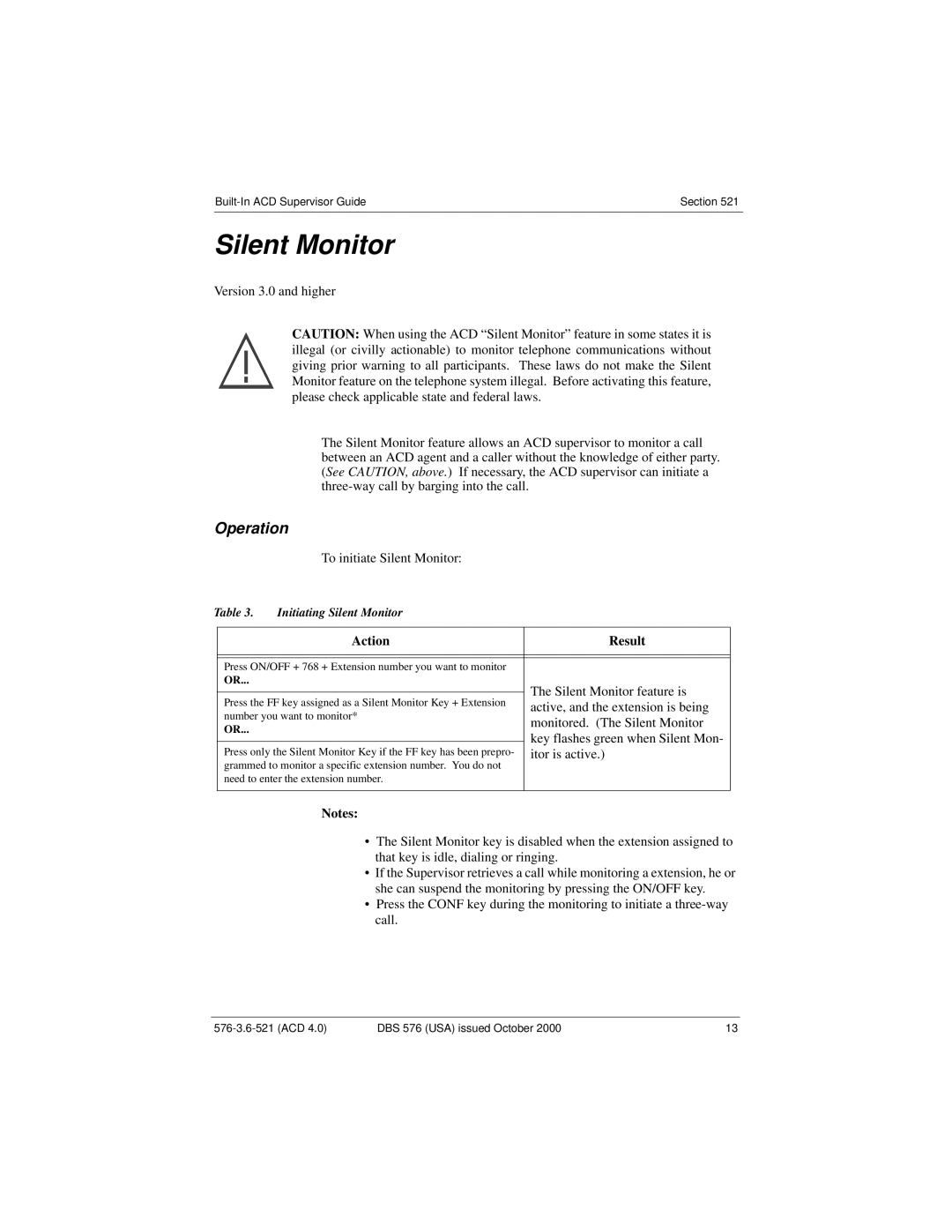 Panasonic DBS 576 manual Silent Monitor, Action Result 