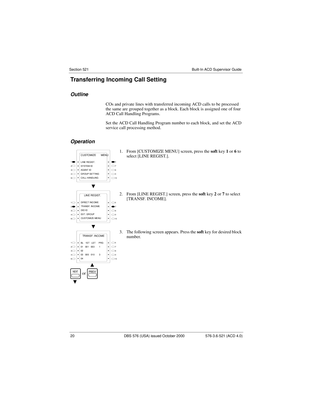 Panasonic DBS 576 manual Transferring Incoming Call Setting 