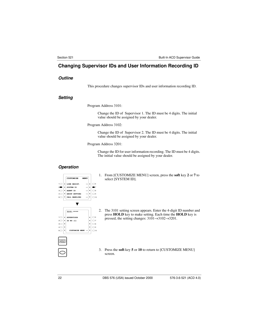 Panasonic DBS 576 manual Changing Supervisor IDs and User Information Recording ID, Setting 