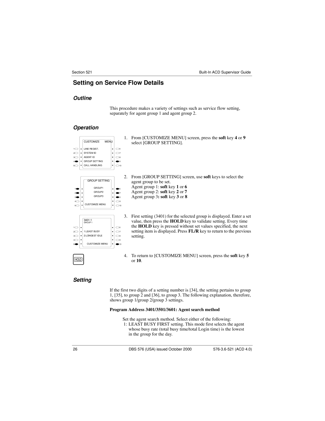 Panasonic DBS 576 manual Setting on Service Flow Details, Program Address 3401/3501/3601 Agent search method 