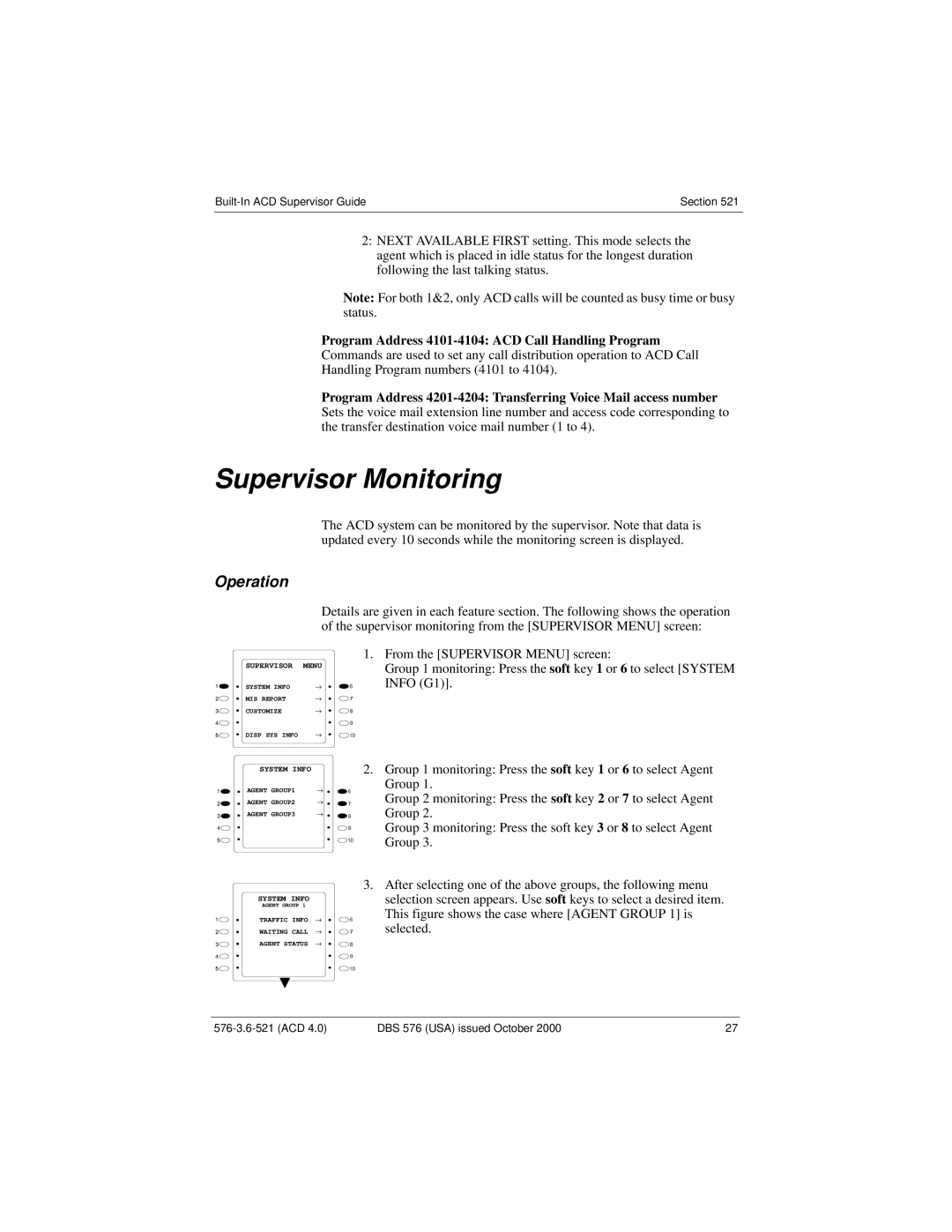 Panasonic DBS 576 manual Supervisor Monitoring, Program Address 4101-4104 ACD Call Handling Program 