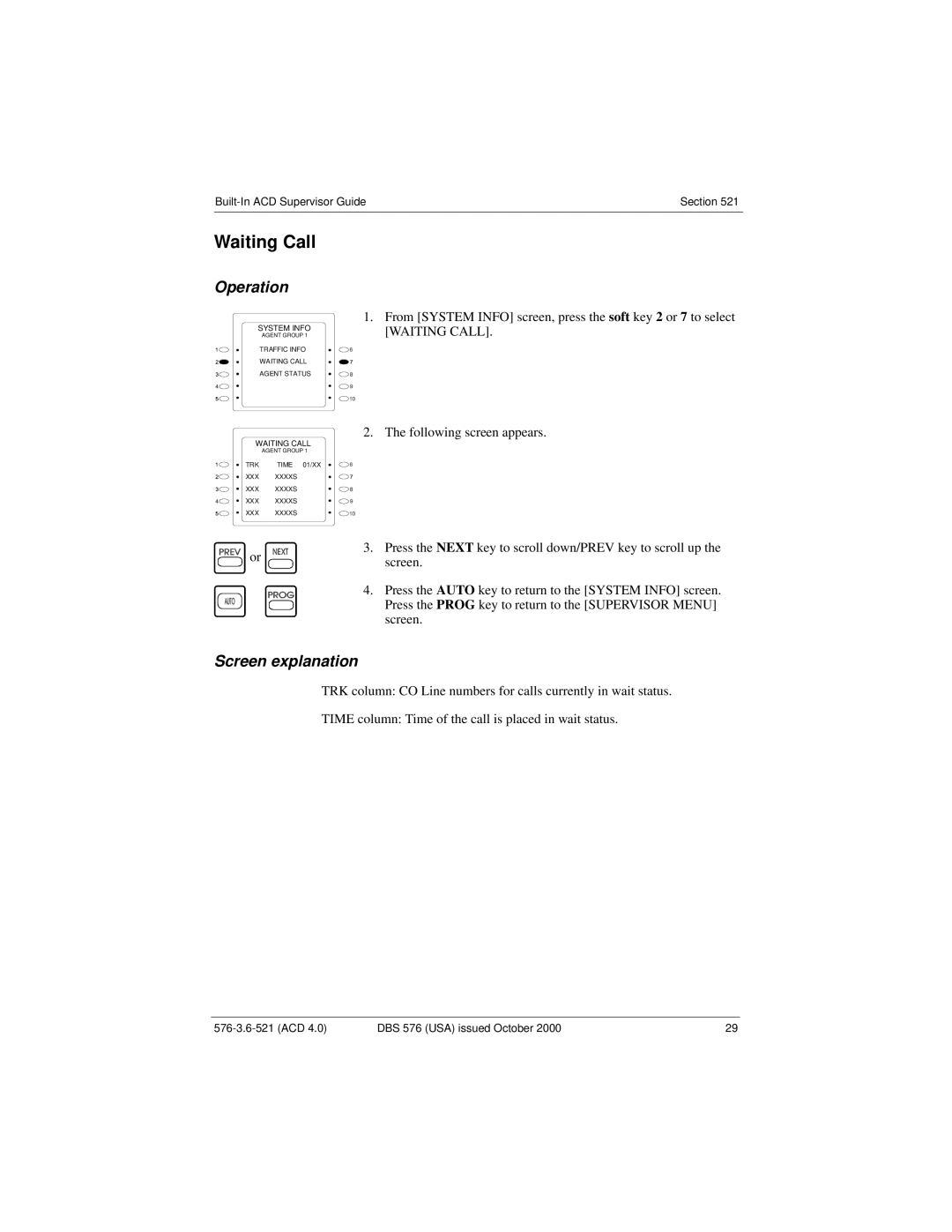 Panasonic DBS 576 manual Waiting Call 