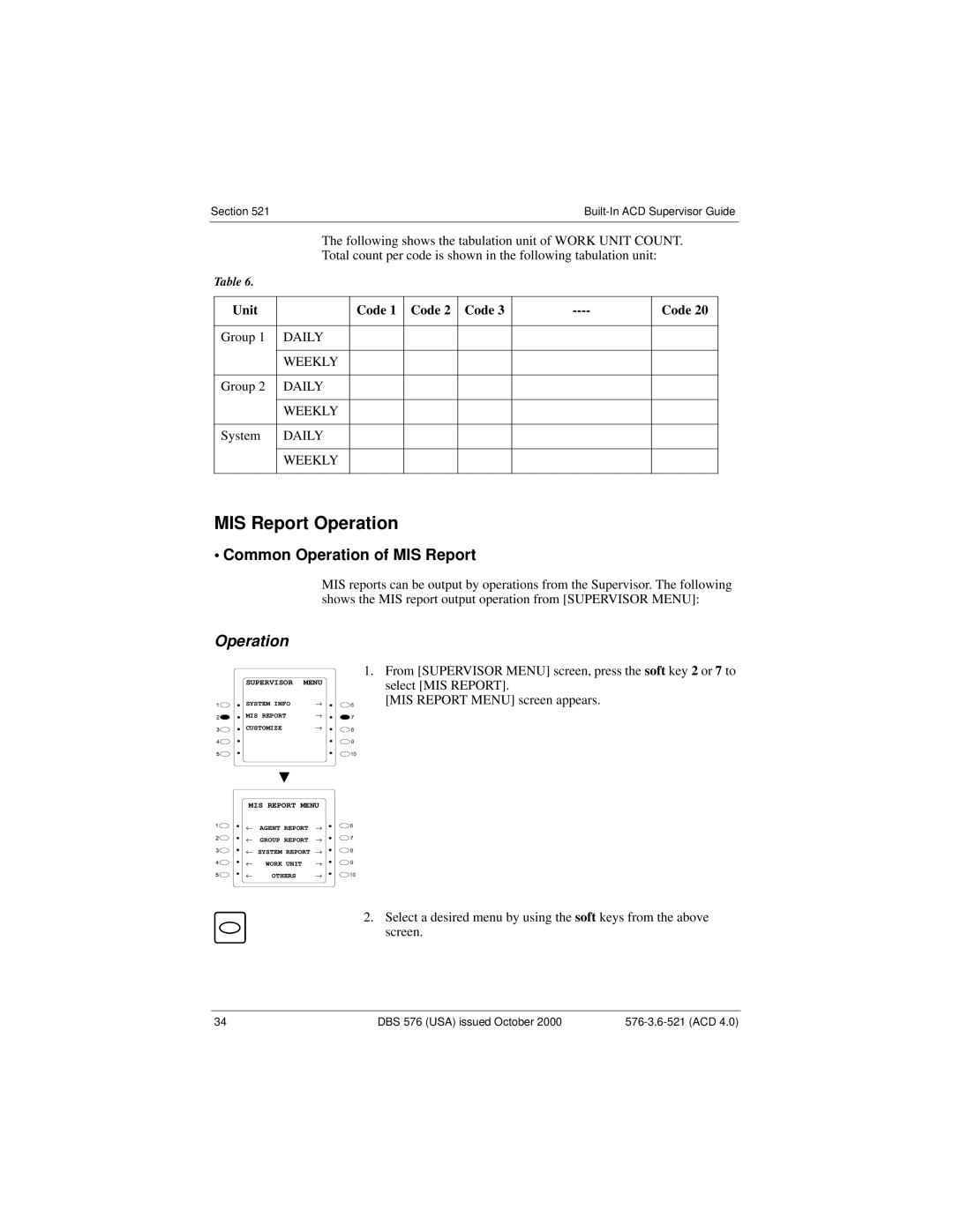 Panasonic DBS 576 manual MIS Report Operation, Unit Code 