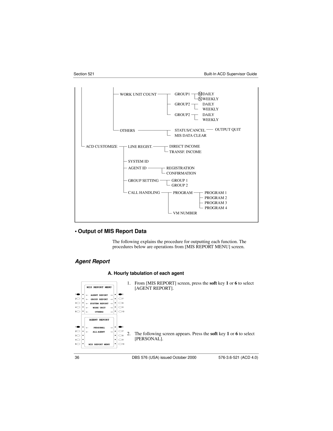 Panasonic DBS 576 manual Agent Report, Hourly tabulation of each agent 