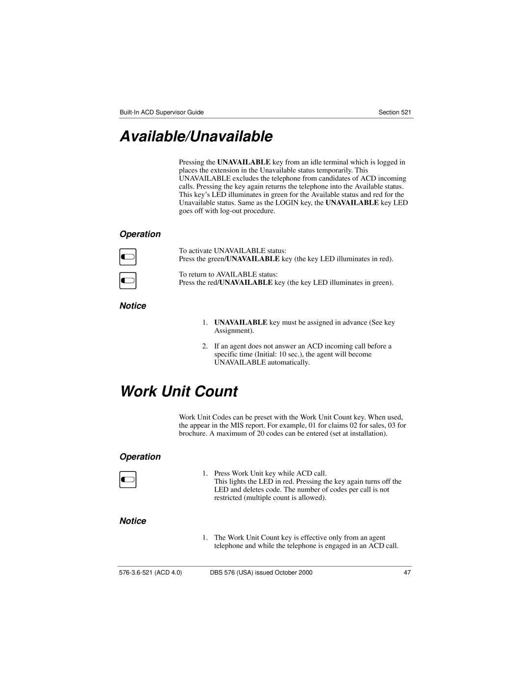 Panasonic DBS 576 manual Available/Unavailable, Work Unit Count 