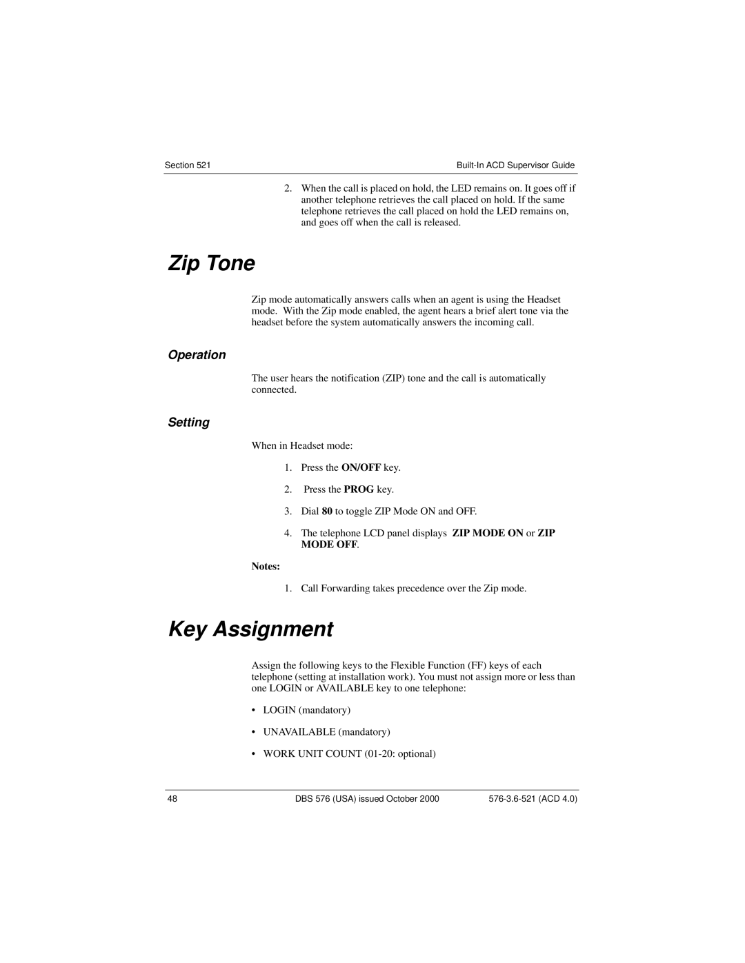 Panasonic DBS 576 manual Zip Tone, Key Assignment 