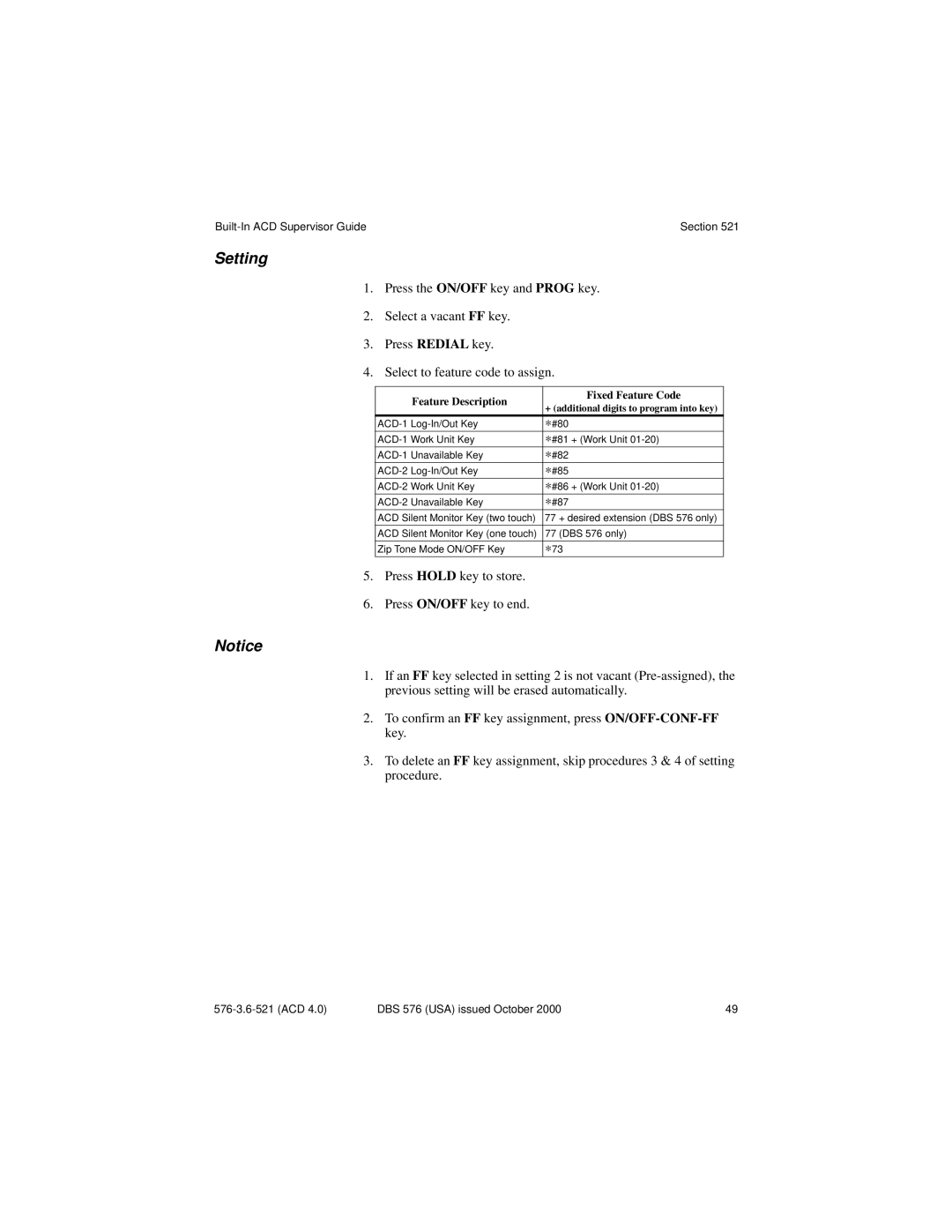 Panasonic DBS 576 manual Feature Description Fixed Feature Code 