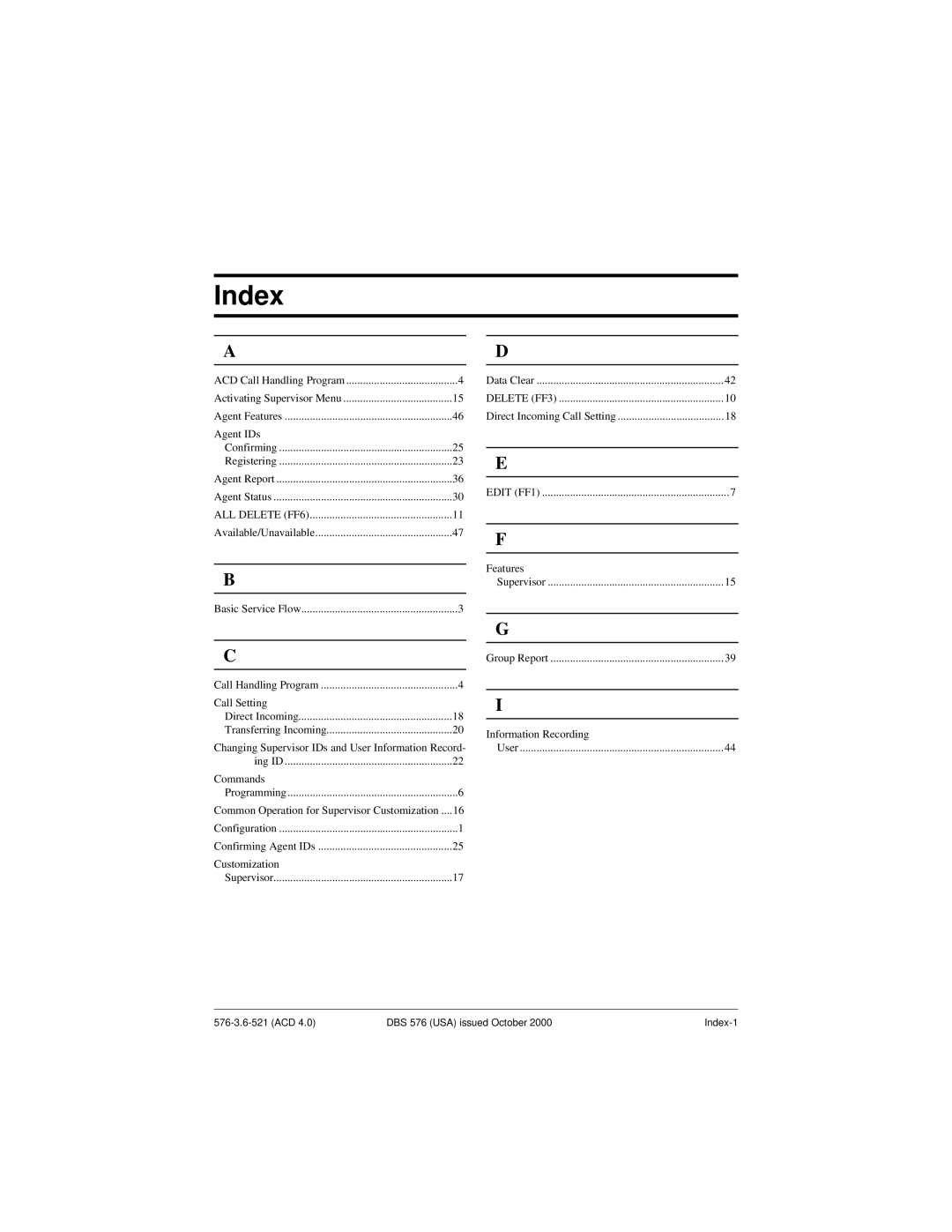 Panasonic DBS 576 manual Index 