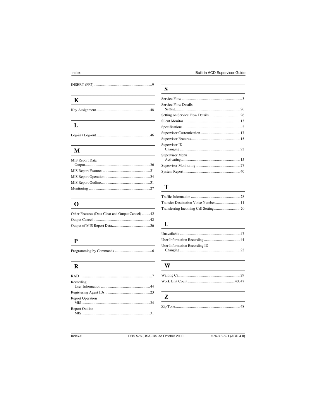 Panasonic DBS 576 manual Index 