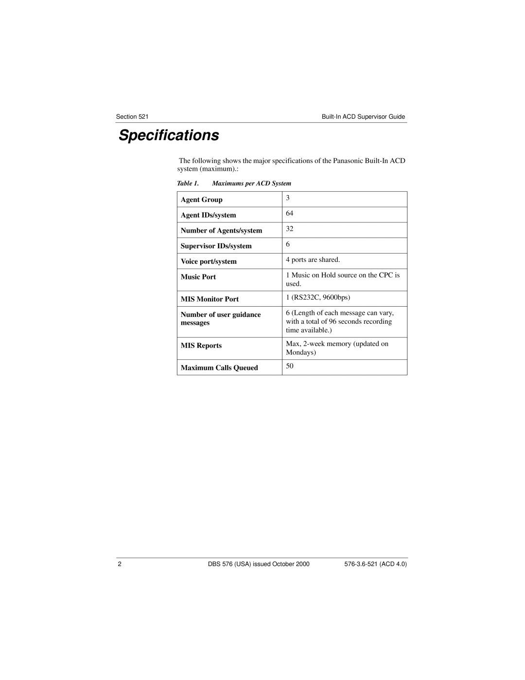 Panasonic DBS 576 manual Specifications 