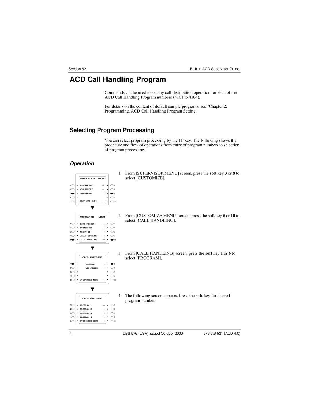 Panasonic DBS 576 manual Selecting Program Processing, Operation 