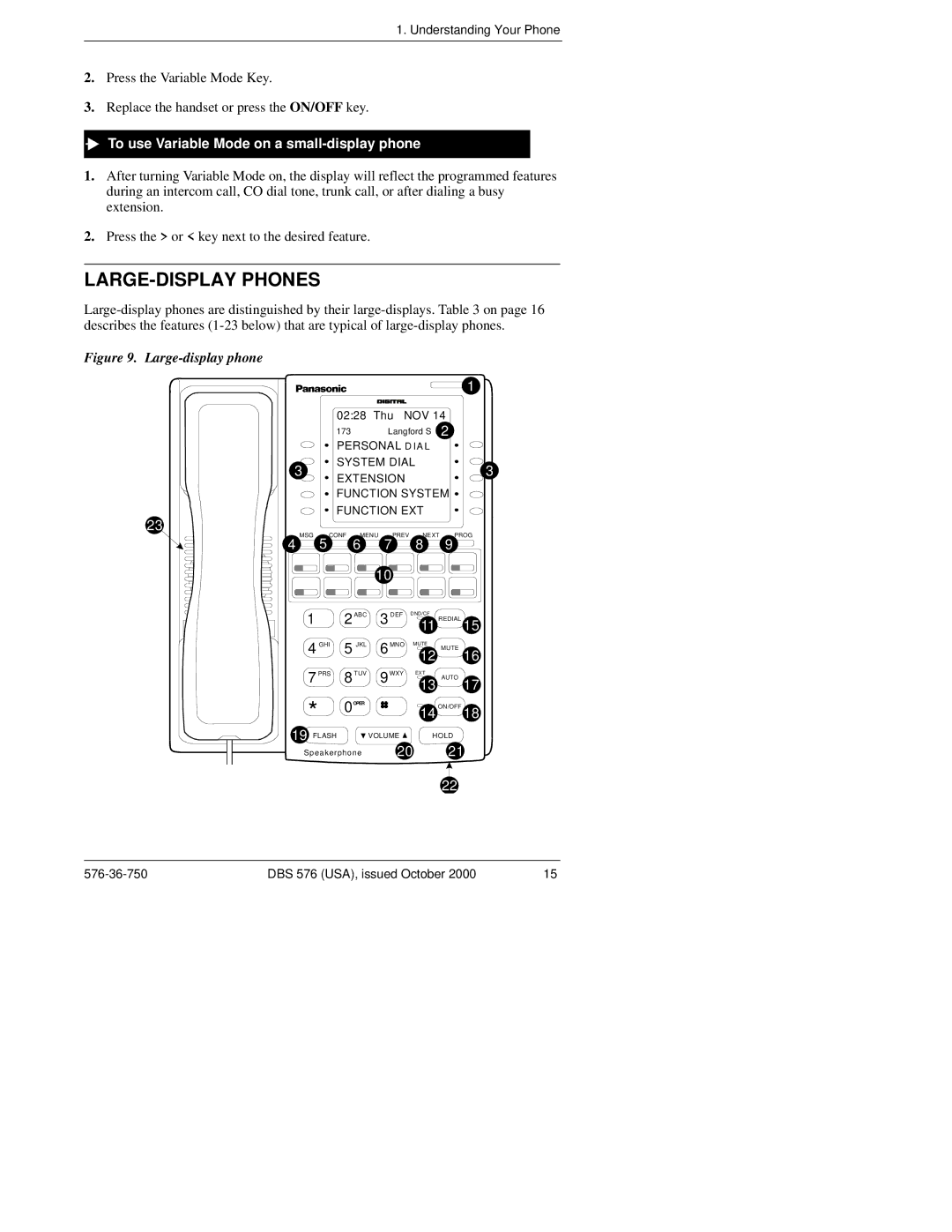 Panasonic DBS 576HD manual LARGE-DISPLAY Phones, To use Variable Mode on a small-display phone 