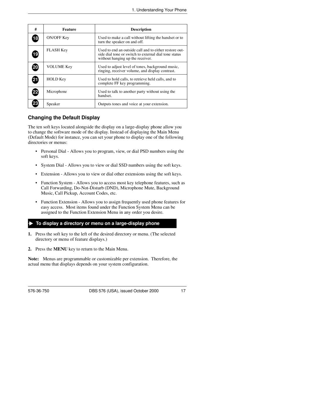 Panasonic DBS 576HD manual Changing the Default Display, To display a directory or menu on a large-display phone 