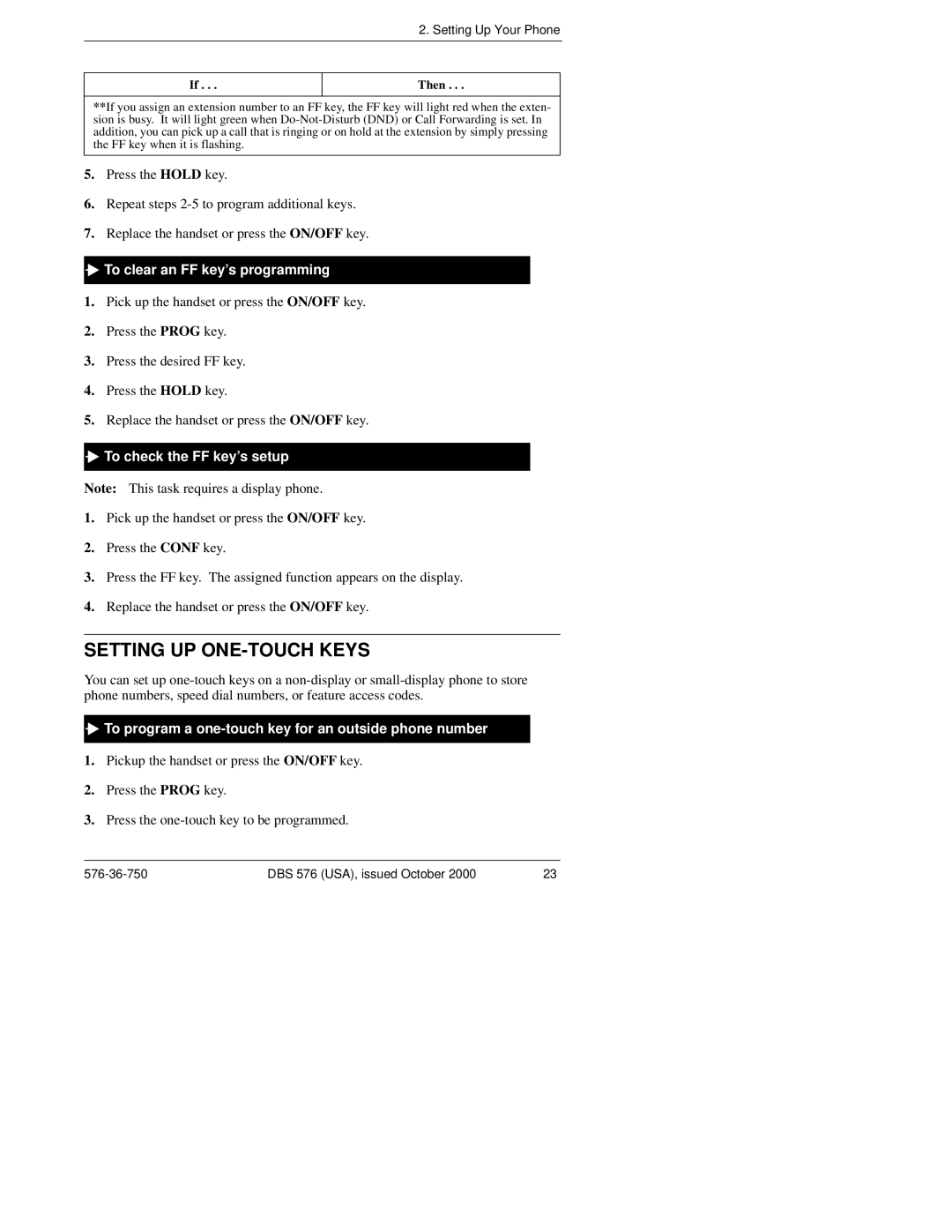 Panasonic DBS 576HD manual Setting UP ONE-TOUCH Keys, To clear an FF key’s programming, To check the FF key’s setup 